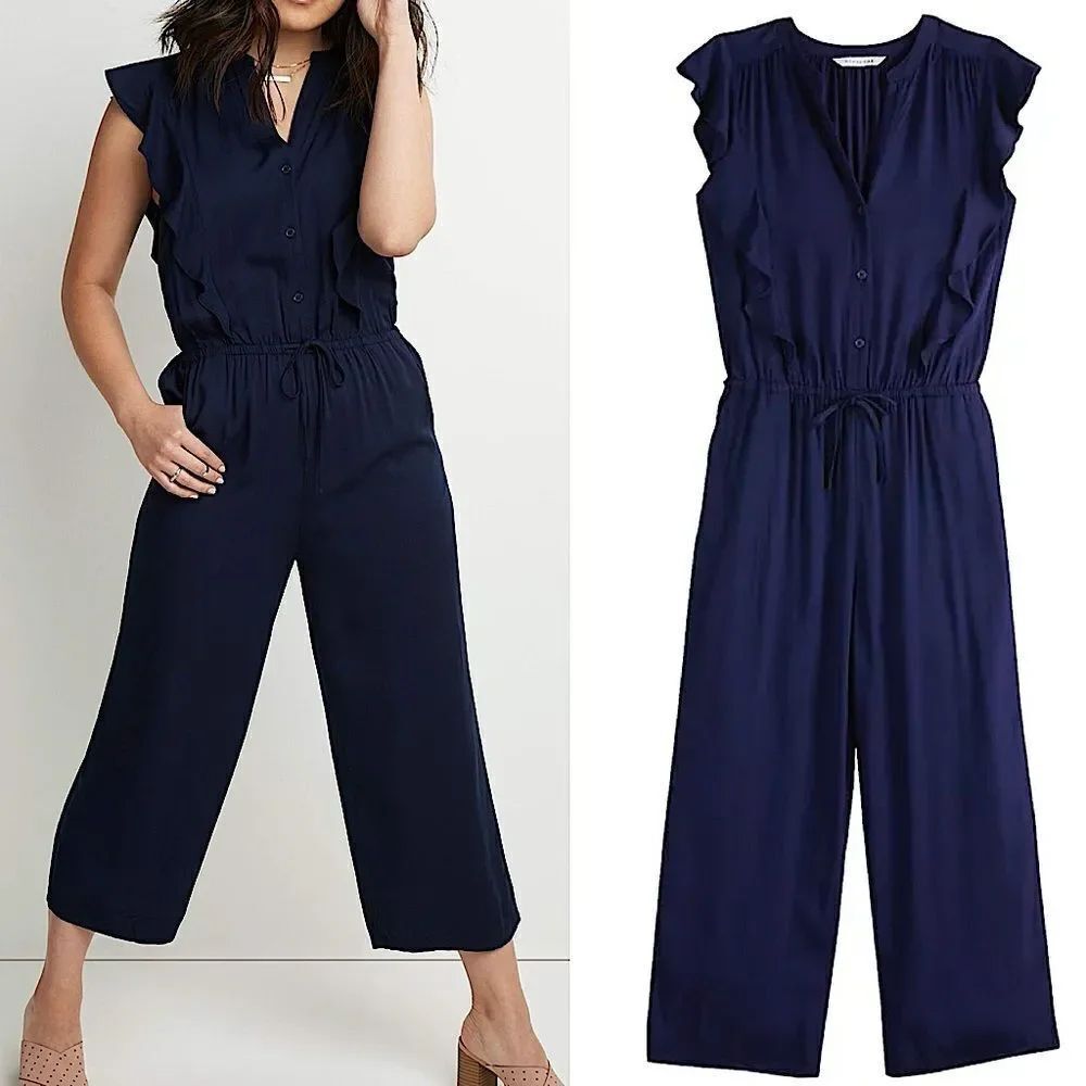 Popsugar navy blue button front tie waist wide Leg Romper Jumpsuit 100% rayon S